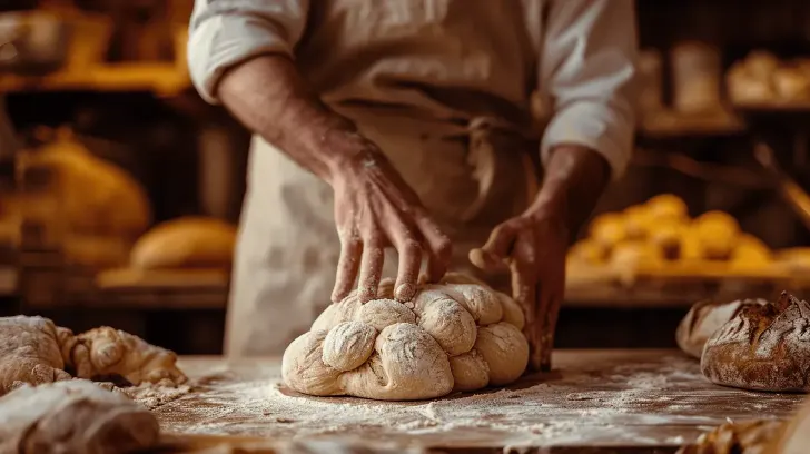 Artisan bread dough being kneaded on a floured surface, showcasing rustic baking process in a warm, cozy kitchen setting.