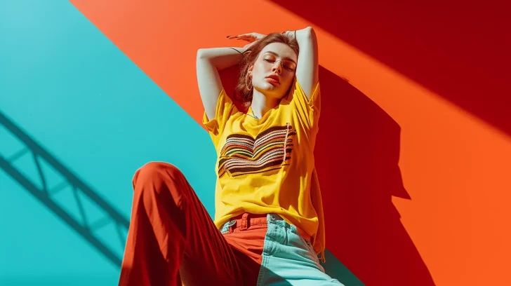 Yellow graphic tee with colorful stripes, paired with red pants. Casual, vibrant style for everyday wear.