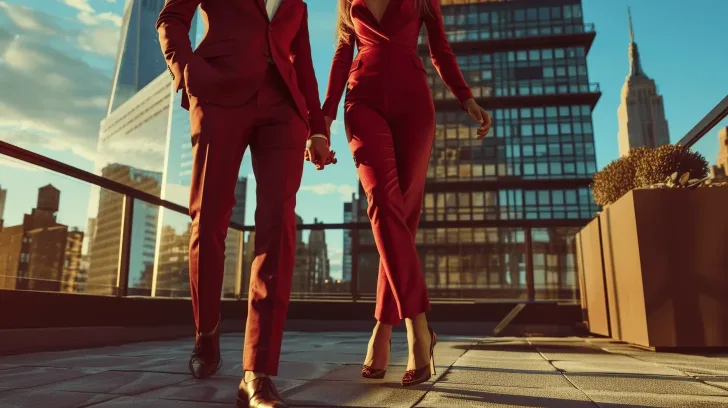 Matching red formal suits, tailored fit, ideal for business events or formal occasions, elegant rooftop setting.