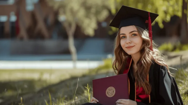 "Black graduation cap and gown with red accents, ideal for commencement ceremonies, outdoor setting in background."