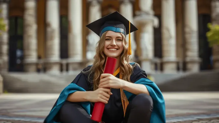Alt text: "Black and blue graduation cap and gown set with tassel, ideal for ceremonies and academic events."