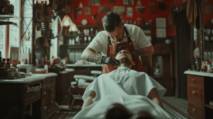 Barber shop interior with vintage decor, red walls, wooden furniture, and a client receiving a shave in a classic chair.