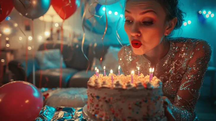 "Colorful birthday cake with lit candles, surrounded by festive balloons; perfect for celebrations and parties."