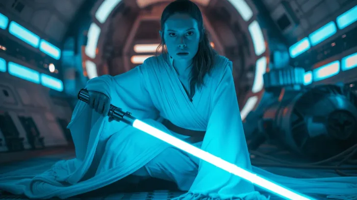 Alt text: "Blue LED lightsaber with silver hilt, sci-fi cosplay prop, futuristic design for costumes and collectors."