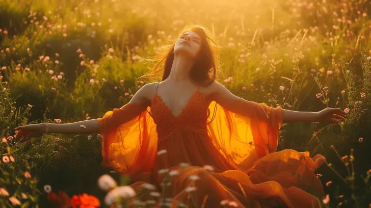 Orange flowy dress in a bohemian style, perfect for summer outings, made from lightweight chiffon fabric.