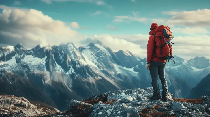 Red waterproof hiking jacket, perfect for outdoor adventures, durable material, ideal for mountain trekking and backpacking.