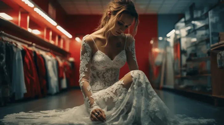 Elegant white lace wedding dress with long sleeves, floral embroidery, perfect for bridal wear.