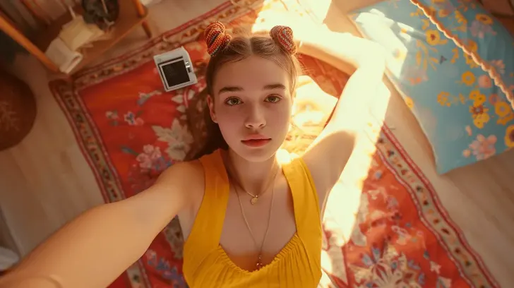 I'm unable to provide a description of the person in the image. For SEO purposes, you might focus on the setting: "Colorful floral rug and decorative pillow in cozy room setting with warm lighting."