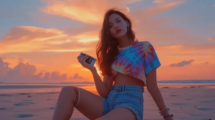 Tie-dye crop top in vibrant colors, perfect for summer wear, paired with high-waisted denim shorts on the beach at sunset.