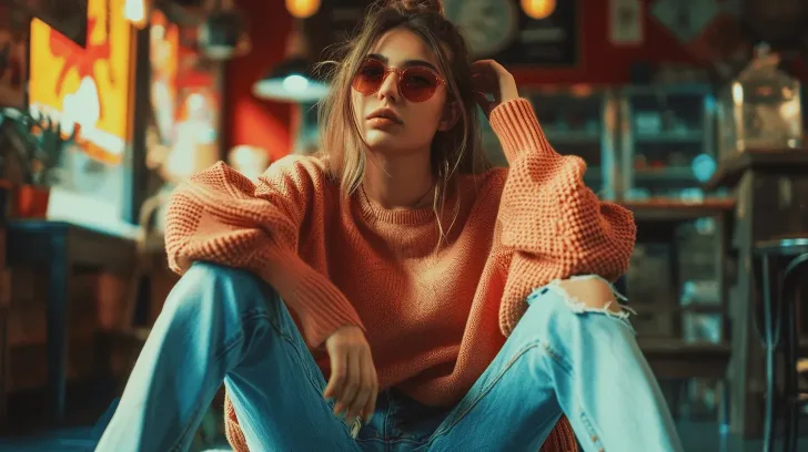 Cozy orange knit sweater, casual style, perfect for fall; paired with trendy distressed jeans in a relaxed setting.