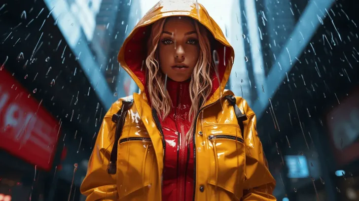 Yellow waterproof raincoat with hood, ideal for outdoor use. Stylish and durable material for weather protection.