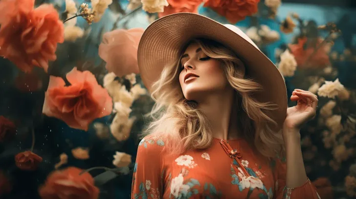 Wide-brimmed beige hat paired with a floral red dress, perfect for summer outings and stylish sun protection.