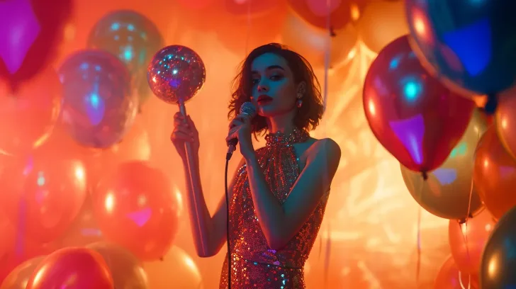 Red sequin evening dress in festive party setting with colorful balloons, perfect for glamorous events and celebrations.