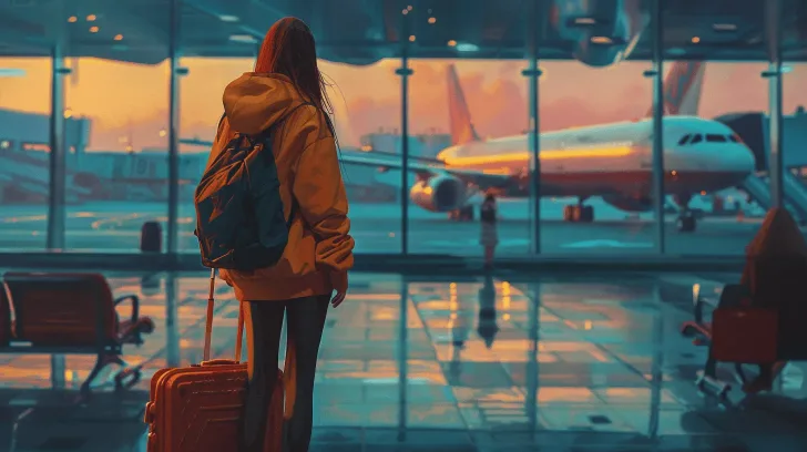 "Orange travel suitcase with black backpack in airport terminal, ideal for trips, durable material, modern style."