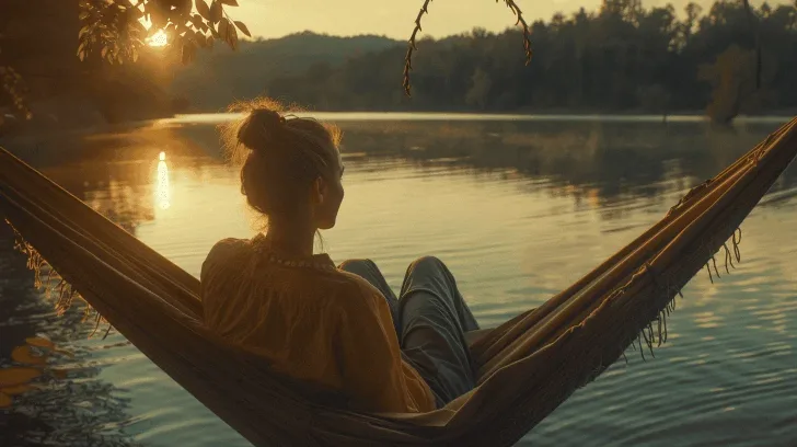 Cozy brown hammock by the lake, ideal for outdoor relaxation, durable fabric for comfort and support.