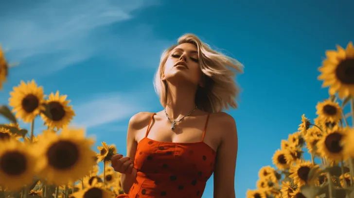 Red polka dot sundress in a sunflower field, sleeveless summer style, ideal for casual outings and warm weather.