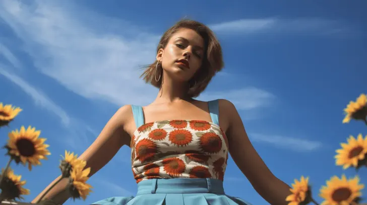 Colorful floral print top with blue straps, paired with a high-waisted blue skirt, ideal for summer fashion.