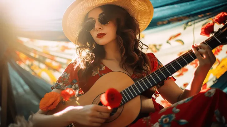 "Acoustic guitar in natural wood finish, ideal for beginners and pros, perfect for diverse music styles."