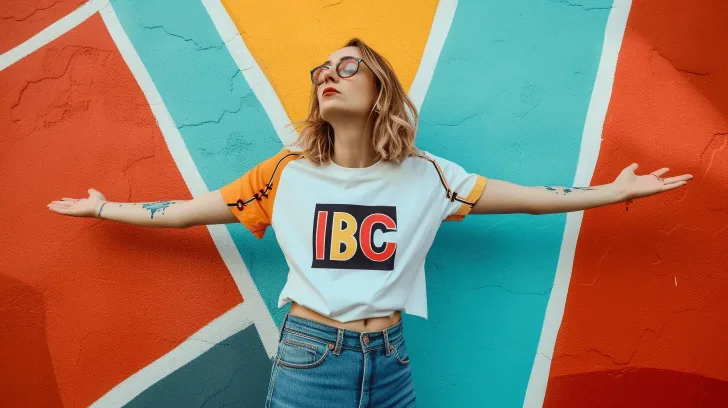 Colorful graphic t-shirt with "IBC" logo, short sleeves, casual style, perfect for everyday wear.