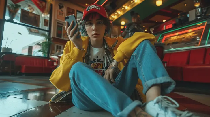 Casual urban outfit with red cap, yellow jacket, blue jeans, and white sneakers in a retro diner setting.