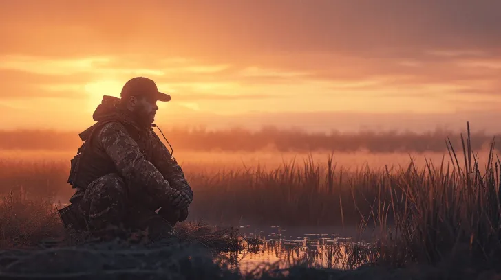 Camo hunting jacket with hood, waterproof material, ideal for outdoor activities at sunrise.