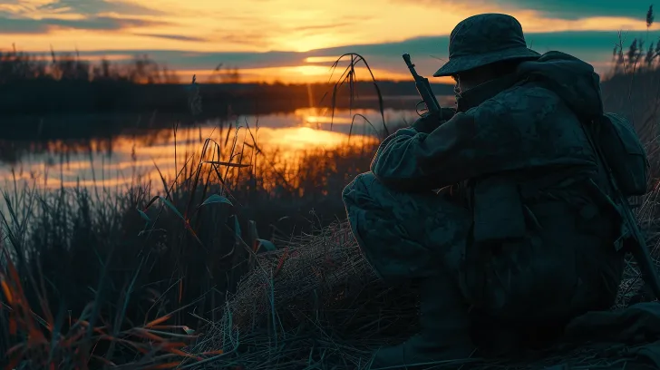 Alt text: "Camouflage tactical gear for outdoor activities, durable material, suitable for hunting or hiking in nature."