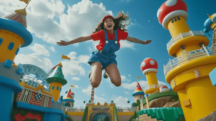 "Colorful theme park with whimsical mushroom towers under a blue sky, perfect for family fun and adventure."