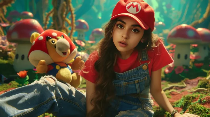 Red and blue overalls with matching cap, featuring cartoon plush toy in mushroom-themed setting, ideal for cosplay.