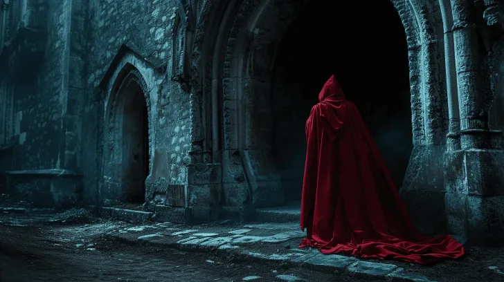 Red hooded cloak, medieval style, in lush fabric, perfect for cosplay or costume events, set against a gothic archway.