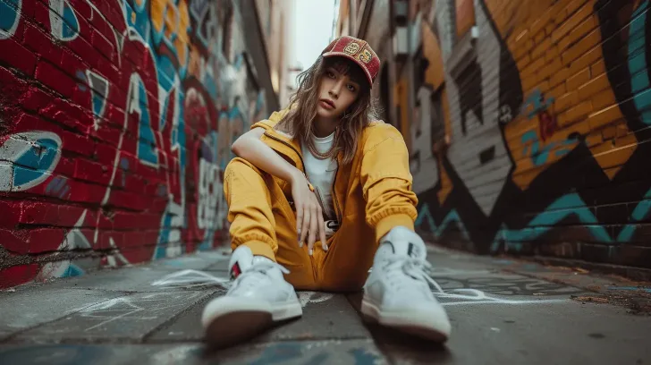 Yellow urban streetwear outfit with graphic cap and white sneakers, perfect for casual style and comfort.