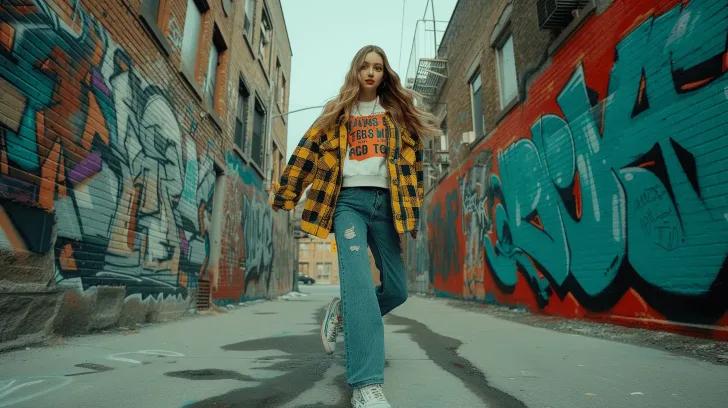 Casual outfit with yellow plaid jacket, graphic tee, and blue jeans in urban graffiti setting. Trendy streetwear look.