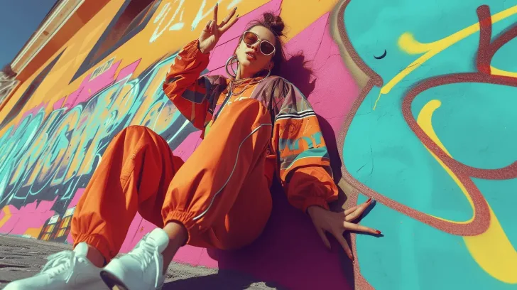 Bright orange streetwear tracksuit with colorful graffiti print, perfect for casual outings and urban fashion enthusiasts.