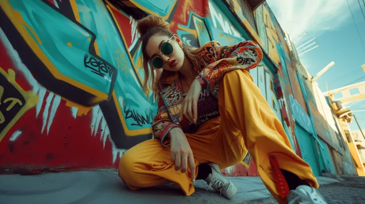Colorful streetwear outfit with a patterned jacket and yellow pants, ideal for urban fashion enthusiasts.