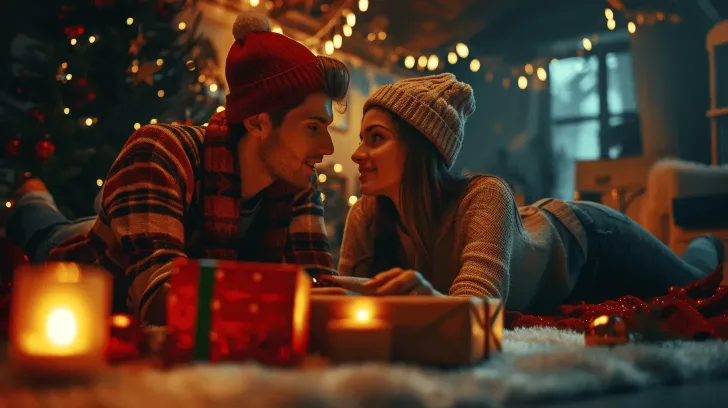 Cozy holiday-themed wool beanies and striped scarf set, perfect for winter warmth and style, with festive decor.