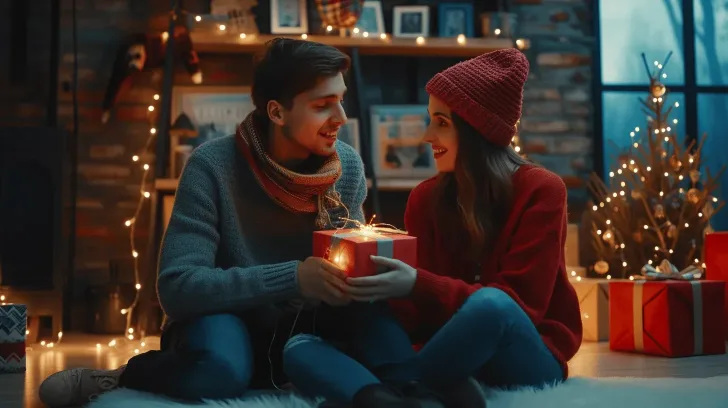 Cozy red knit beanie and sweater set, perfect for holiday gifting and winter warmth, in festive indoor setting.