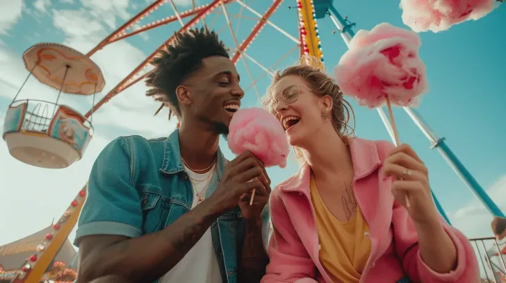 Cotton candy at a vibrant amusement park, featuring pink fluffy texture, perfect for a fun outdoor treat.