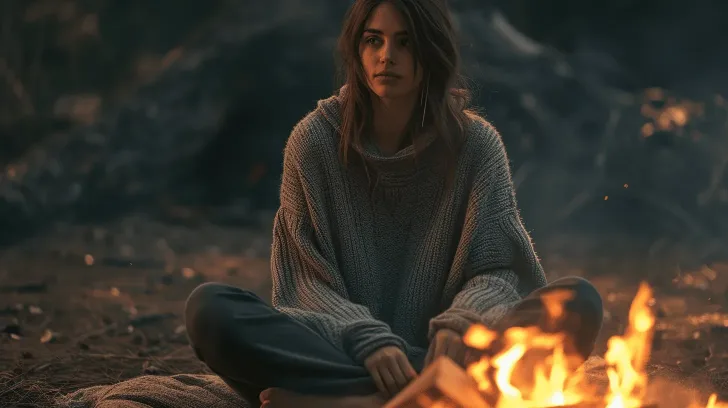 Cozy gray knit sweater, perfect for outdoor camping. Soft, warm material ideal for chilly evenings by the fire.