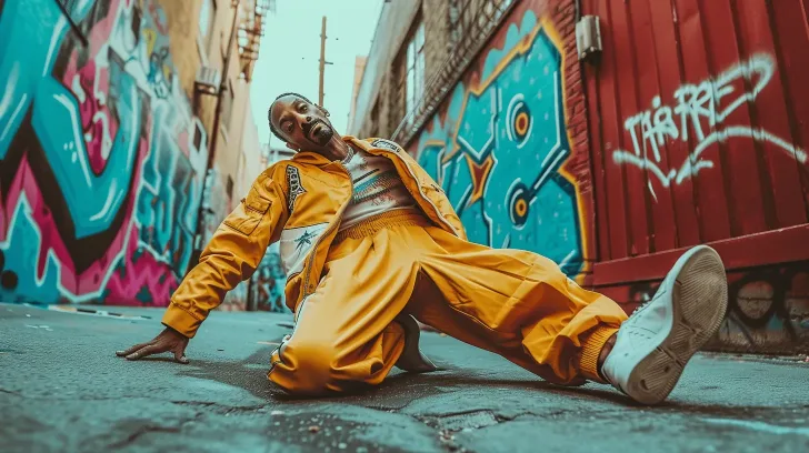 Yellow urban streetwear tracksuit, graffiti backdrop, casual style, ideal for dance or casual outings, polyester fabric.