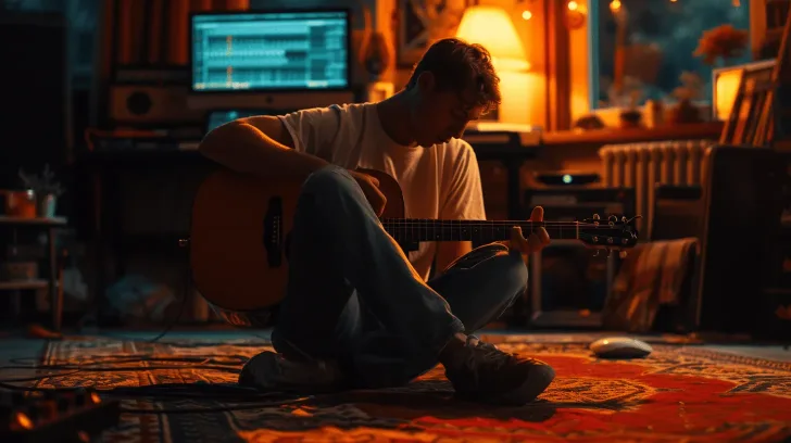 Acoustic guitar in a cozy home studio, wood finish, perfect for musicians and hobbyists seeking warm, rich sound quality.