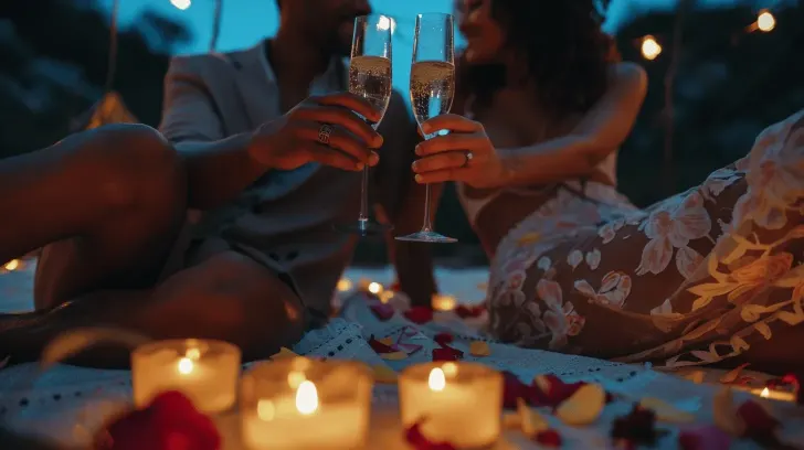 Elegant clear glass champagne flutes set on romantic candlelit evening picnic setting with rose petals.
