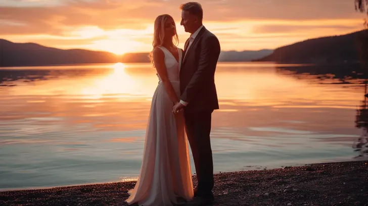 Elegant white evening gown with flowing design, perfect for formal occasions, set against a scenic sunset backdrop.