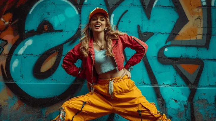 Bright urban streetwear outfit with red jacket, yellow cargo pants, and orange cap against graffiti background.