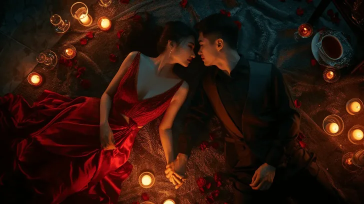 Red silk evening gown, elegant and romantic style, surrounded by candles, perfect for special occasions.