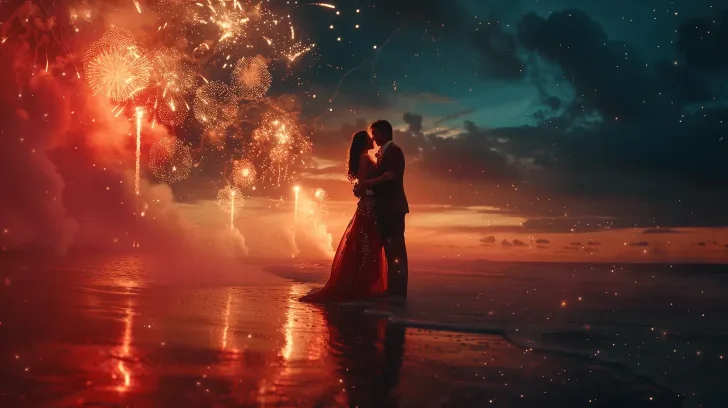Red evening gown on beach at sunset, surrounded by fireworks; perfect for formal events or romantic occasions.