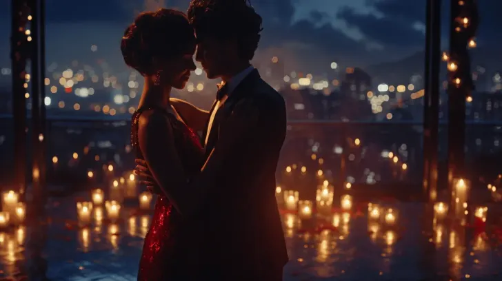 Elegant red evening dress with sequins, perfect for formal events, shown in a romantic candlelit setting.
