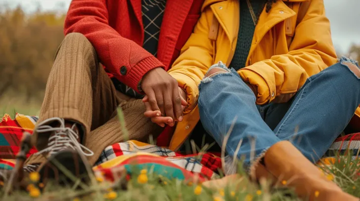 Colorful plaid picnic blanket with red and yellow jackets, perfect for outdoor gatherings and cozy autumn outings.