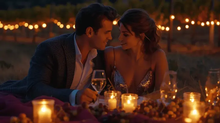 Romantic outdoor candlelit dinner setup with wine glasses and string lights, ideal for special occasions or celebrations.