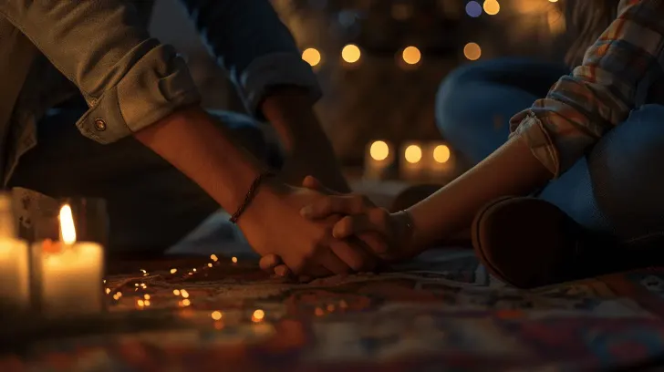 Couple holding hands over a cozy, candlelit setting with warm string lights, creating a romantic atmosphere.