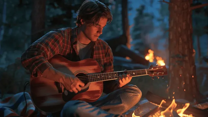 Acoustic guitar with natural wood finish, perfect for campfire music sessions and casual playing.