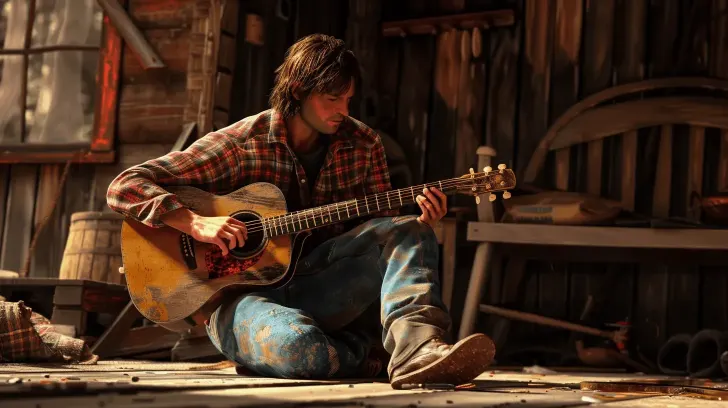 Acoustic guitar with rustic wood finish, ideal for folk music enthusiasts, featuring a classic design for versatile use.